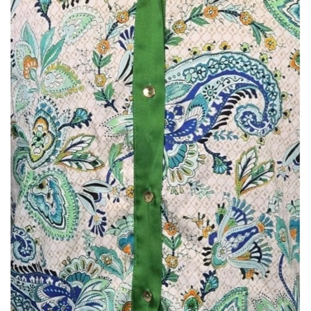 Zara Italian Coastal Scarf Print Satin Blouse Made in Spain Green Paisley Size L - Picture 4 of 7